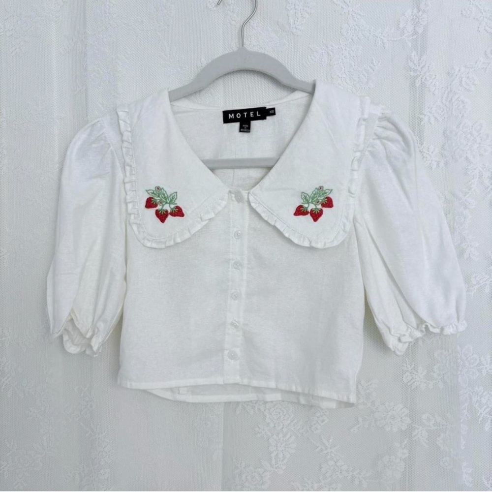 Motel Rocks White Blouse with Strawberry Embroidery